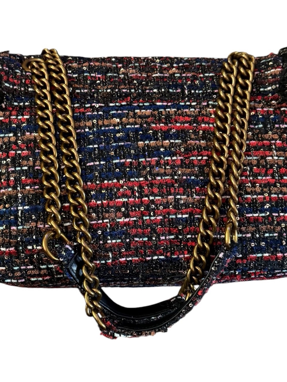 Kurt Geiger Woven Tweed Shoulder Bag with Gold Chain - Black & Red - Picture 4 of 7